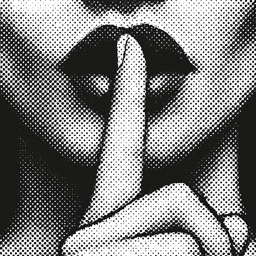 Black-and-white halftone portrait with a finger held to the lips